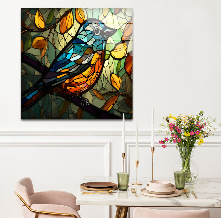 Stained Glass Bird Wall Art – Colorful Songbird on Branch, Nature-Inspired Decor