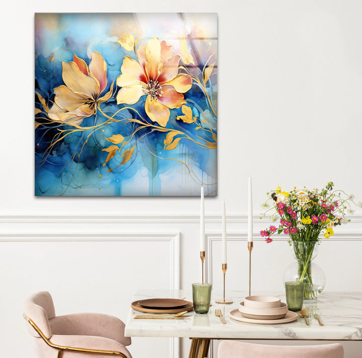 Golden Floral Fantasy Wall Art – Abstract Blue and Yellow Flower Glass Print for Elegant Interiors - MyPhotoStation