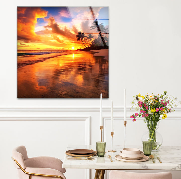 Fiery Tropical Sunset Wall Art – Vibrant Beach Reflection Glass Print for Bold Interiors