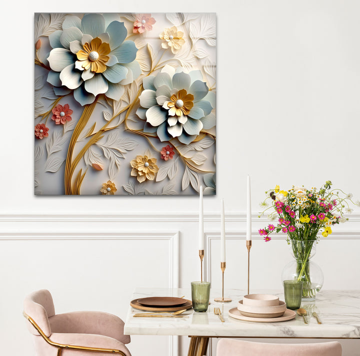 3D-Wandkunst mit blühenden Blumen – Eleganter Blumendruck aus geprägtem Glas 