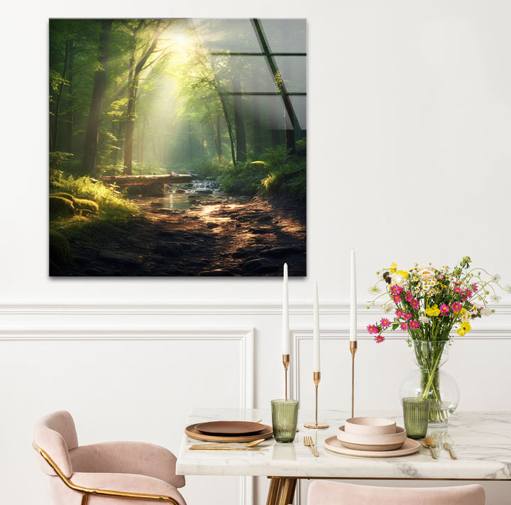 Sunlit Forest Stream Wall Art – Peaceful Nature Path Glass Print for Calming Decor