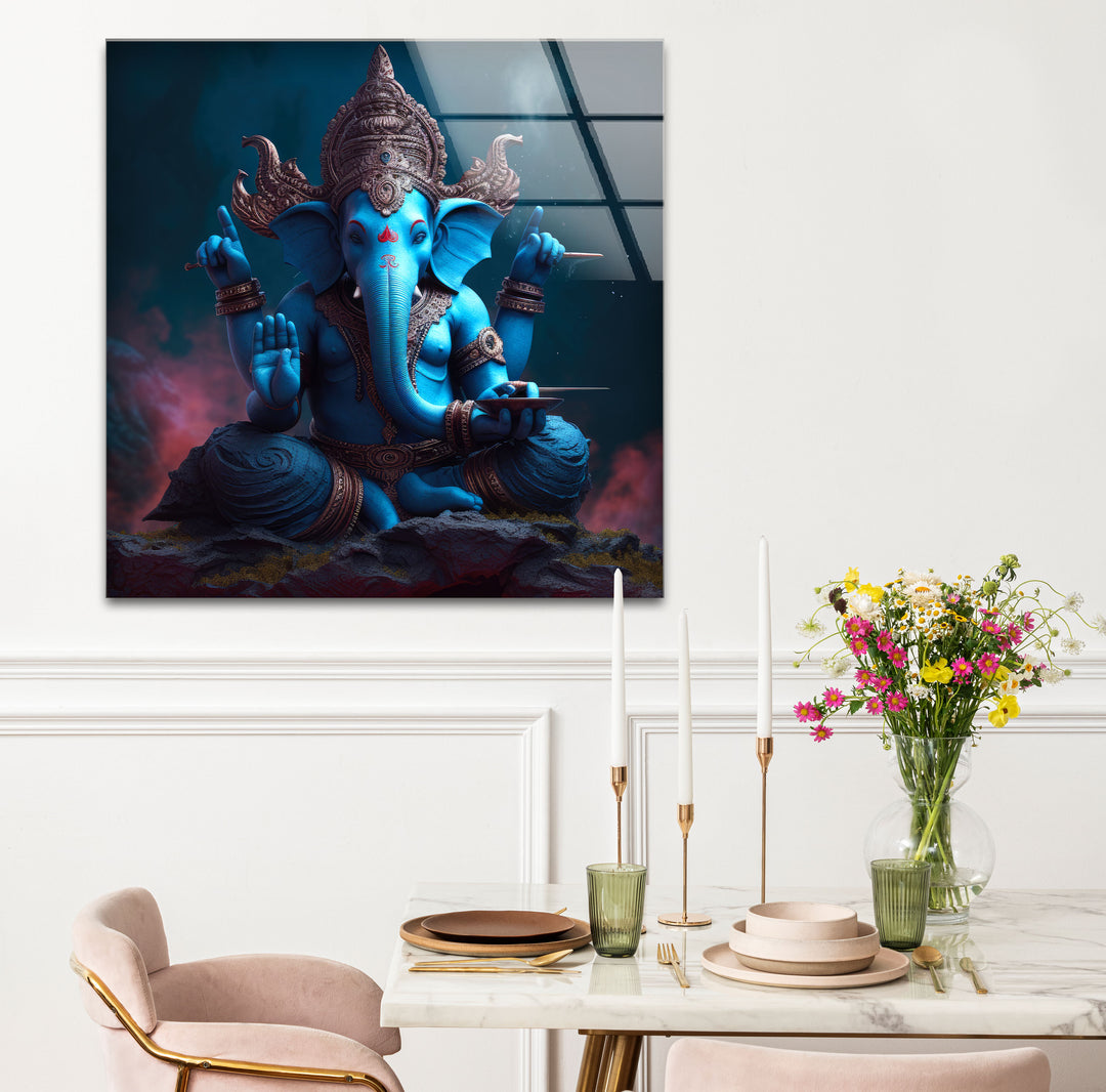 Blaue Ganesha-Wandkunst – Göttliche Hindu-Gottheit – Glasdruck für spirituelles Dekor 