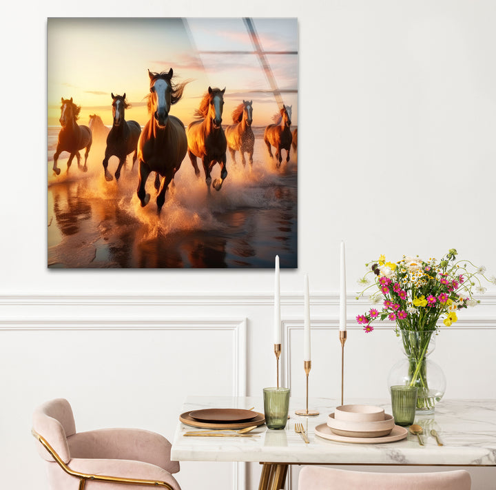Running Horses Beach Wall Art – Sunset Coastal Glass Print for Dynamic Nature Decor