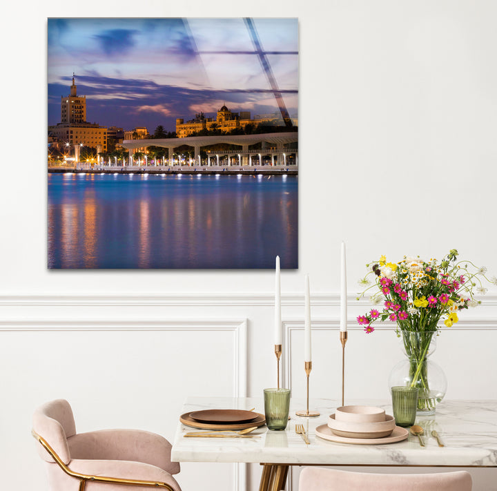 Malaga Waterfront Cityscape Wall Art – Dusk Skyline Glass Print for Urban Decor