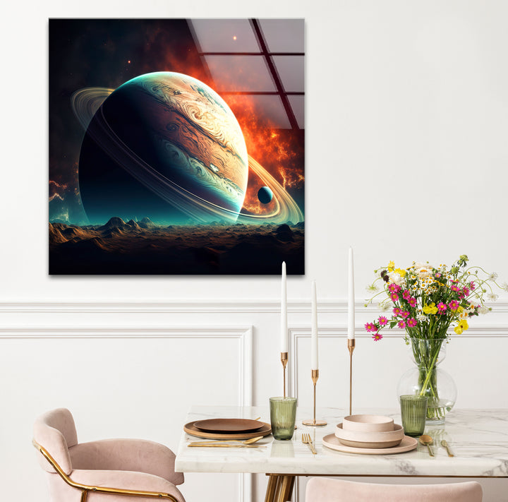 Saturn über fremdem Horizont – Planetenlandschaft, Glaswandkunst 