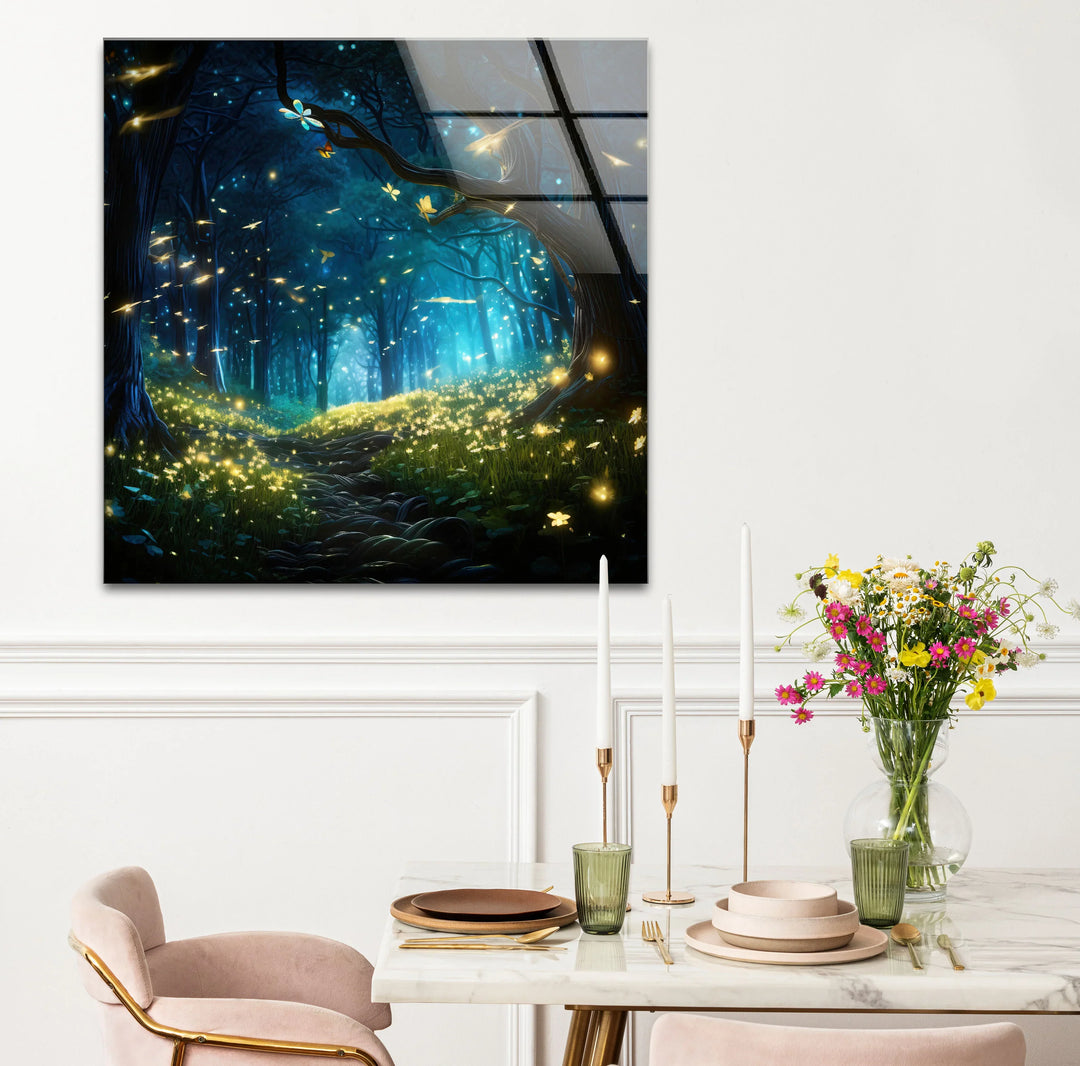 Enchanted Firefly Forest Wall Art – Magical Night Path Glass Print for Fantasy Decor - MyPhotoStation