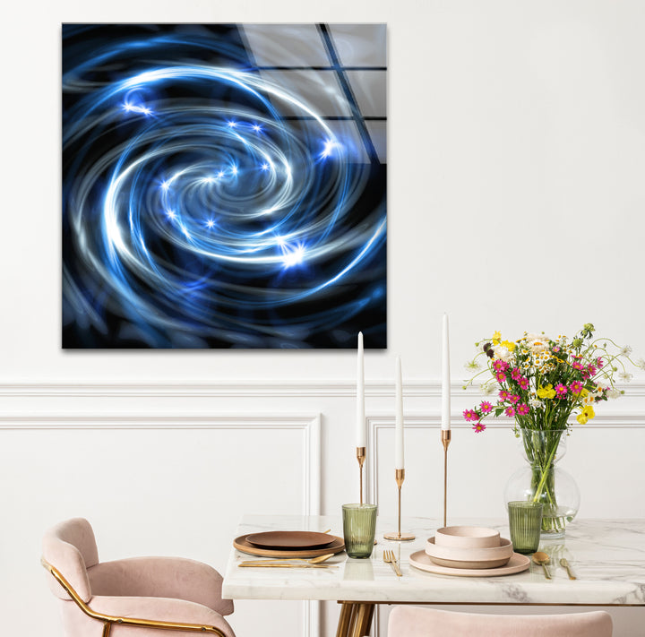 Spiralgalaxie-Wandkunst aus Glas – Blauer kosmischer Wirbel mit Sternenexplosionen