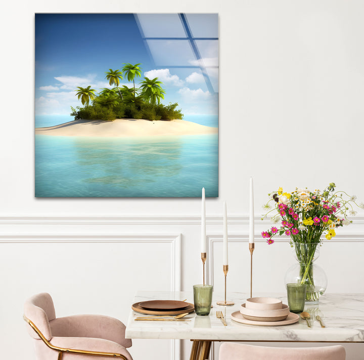 Tropical Island Escape Wall Art – Serene Beach Glass Print for Relaxing Interiors