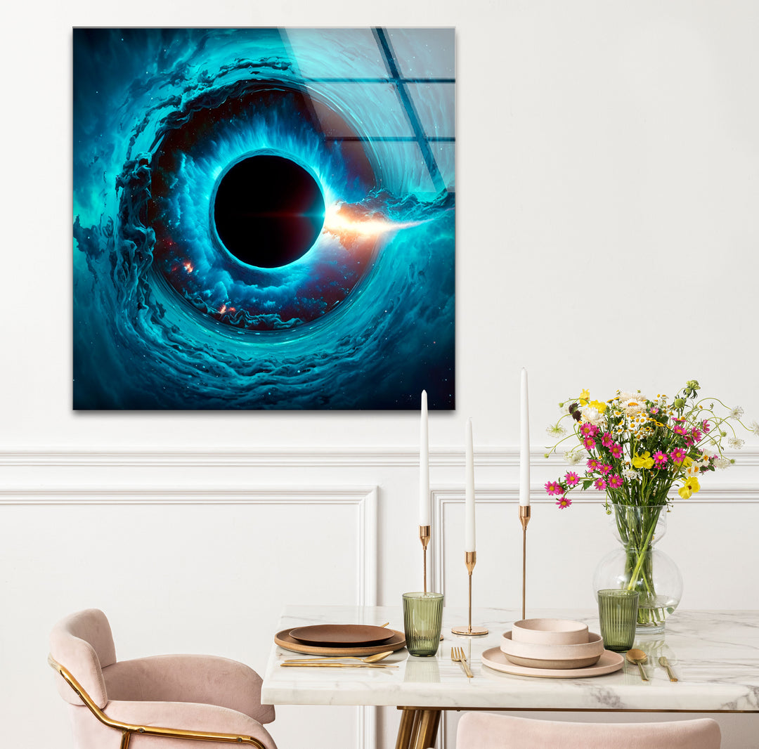 Wandkunst mit kosmischem schwarzen Loch – Blaues Wirbel-Galaxie-Glasdruckdekor 