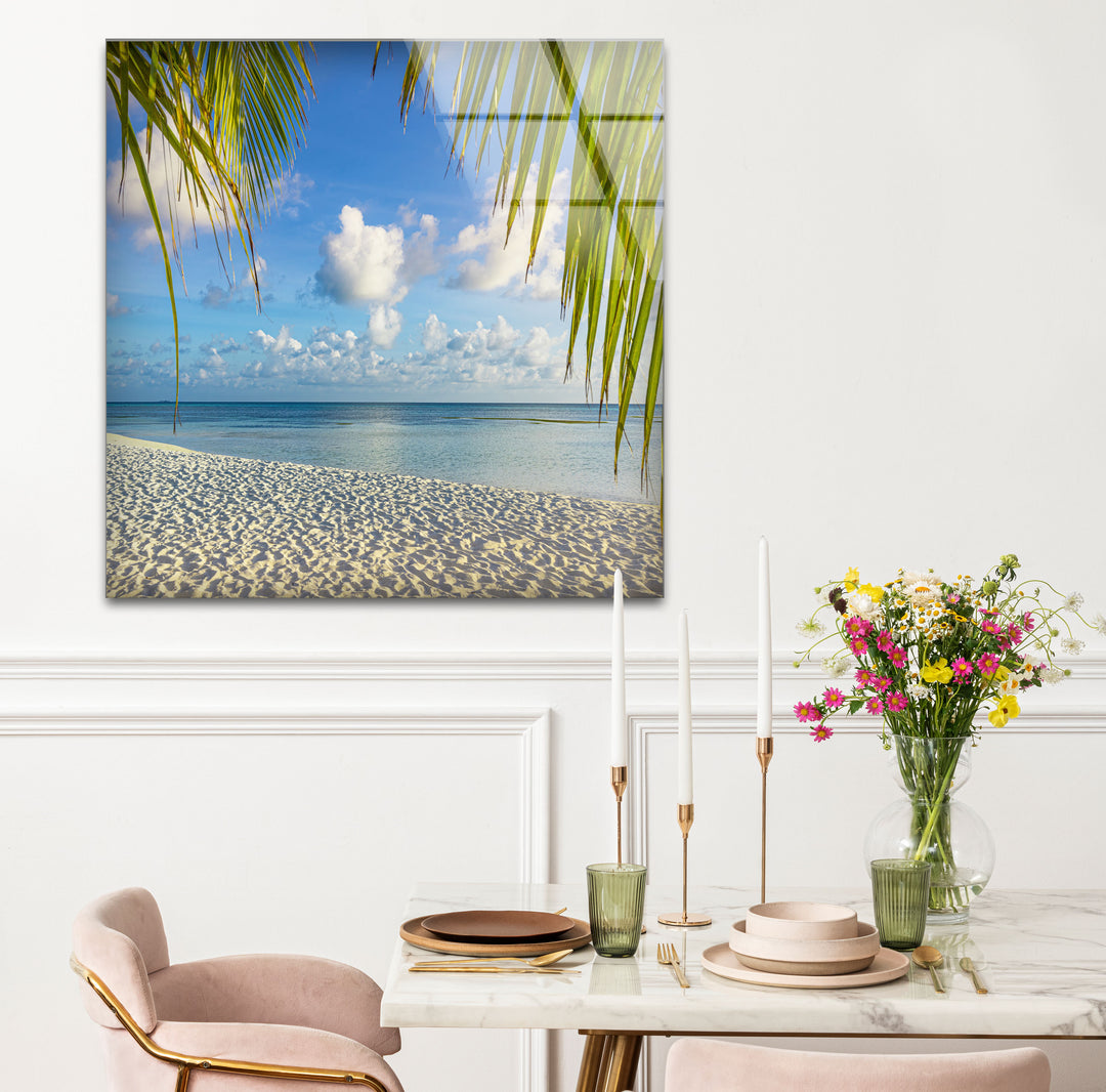 Tropical Palm Beach Wall Art – White Sand and Ocean Glass Print for Coastal Decor