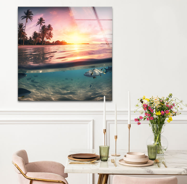 Tropical Ocean Split View Wall Art – Sunset and Underwater Scene Glass Print