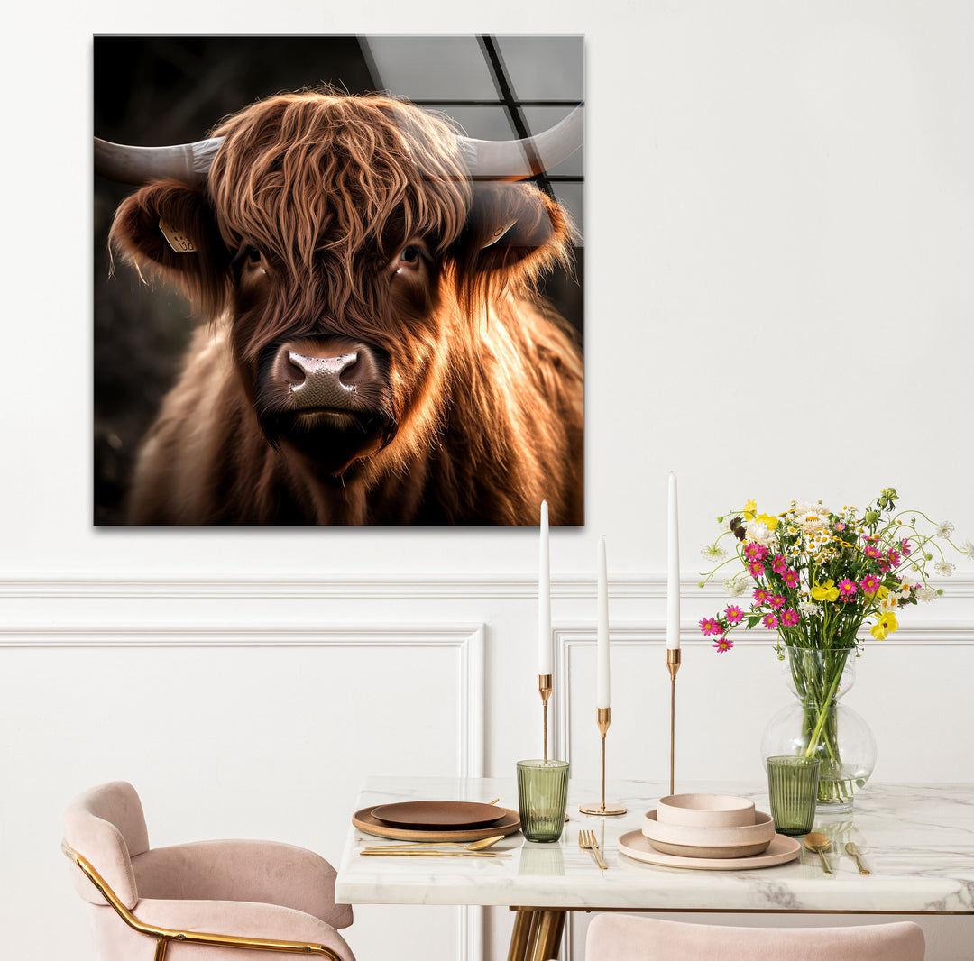 Highland Cow Wall Art – Rustic Brown Longhorn Glass Print Décor
