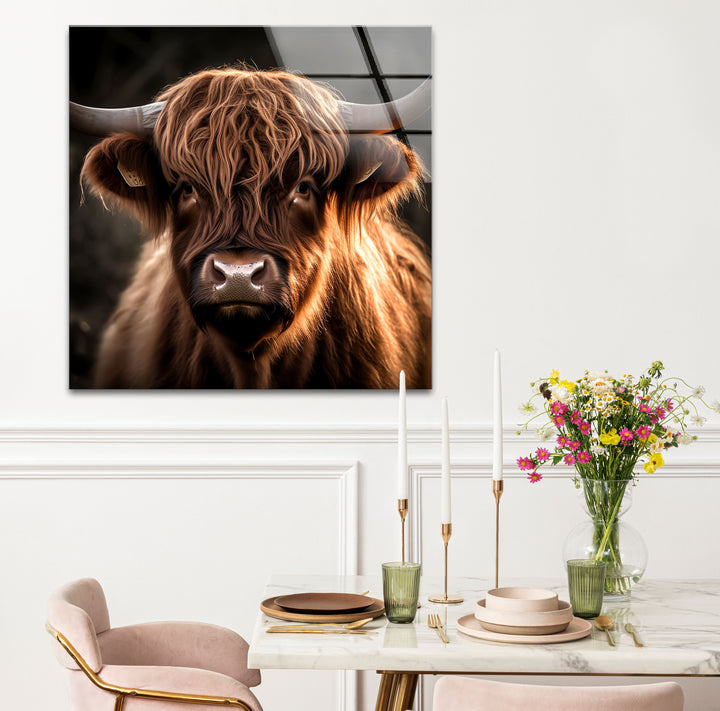 Highland Cow Wall Art – Rustic Brown Longhorn Glass Print Décor