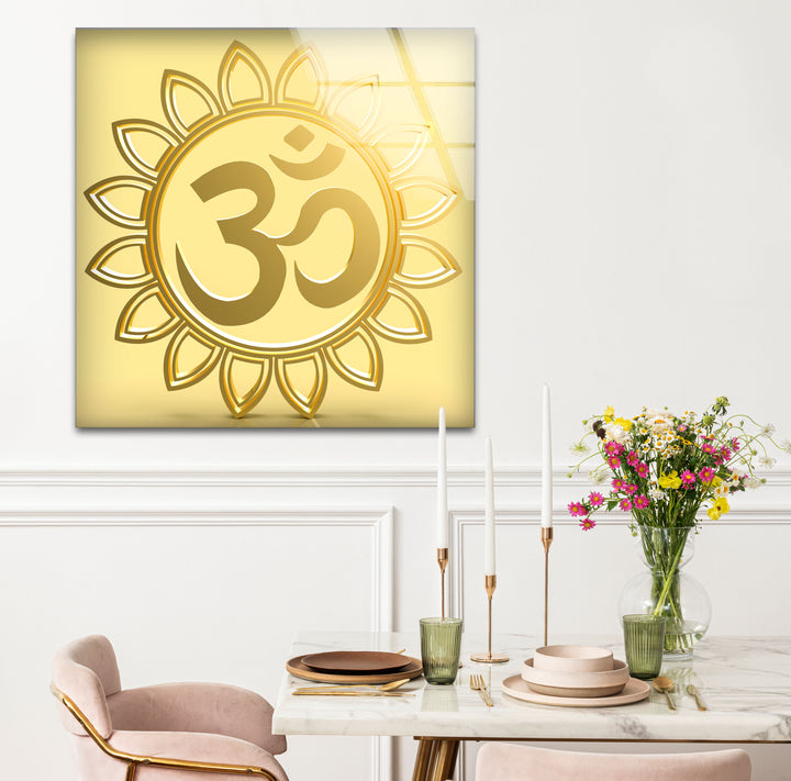 Goldenes Om-Symbol Wandkunst – Spirituelles Hindu-Dekor Glasdruck