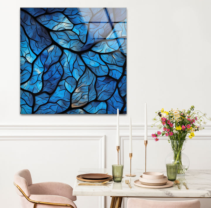 Blaues Blattmosaik-Wandbild – Abstrakter Naturglasdruck für modernes Dekor