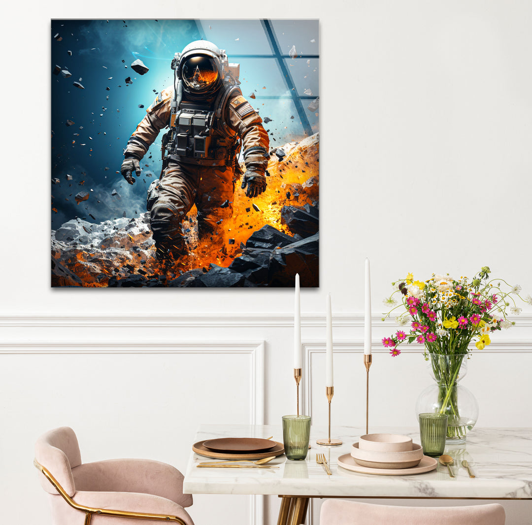 Explodierende Astronauten-Wandkunst – Weltraum-Feuer- und Steinglasdruck für mutige Innenräume