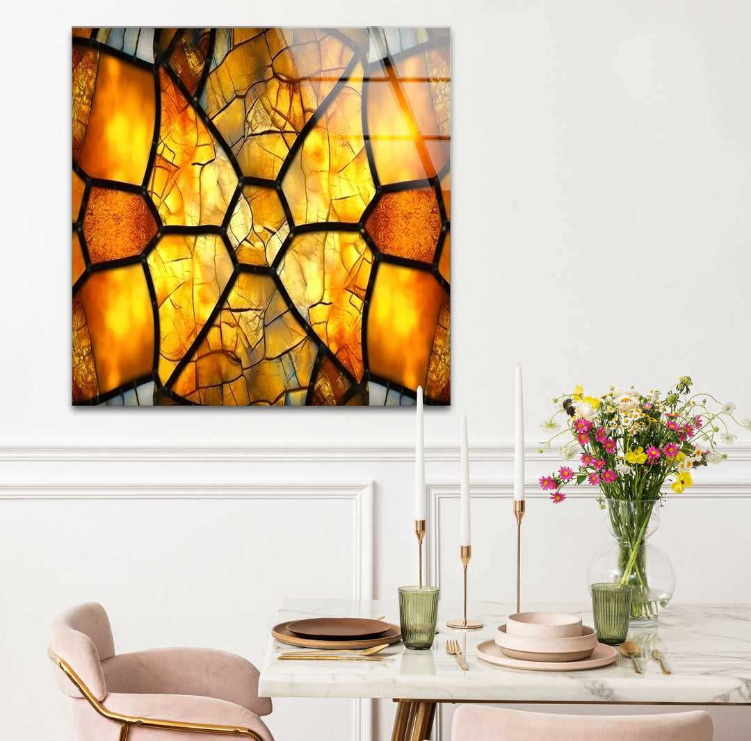 Golden Honeycomb Glass Wall Art – Amber Mosaic Geometric Decor