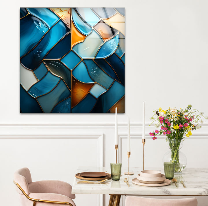 Blue Stained Glass Wall Art – Abstract Mosaic Glass Print Decor