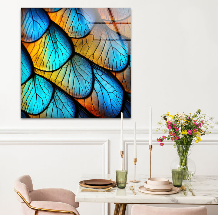 Blue Gold Leaf Texture Wall Art – Abstract Nature Pattern Glass Print