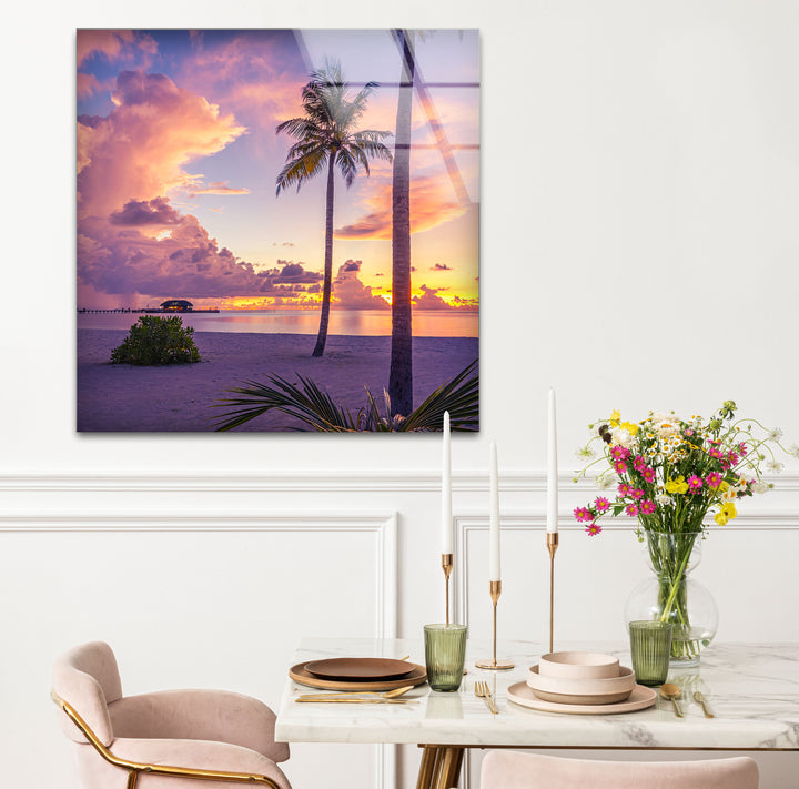 Tropical Sunset Beach Wall Art – Vibrant Palm Tree Ocean Scene Glass Print for Relaxing Home Decor