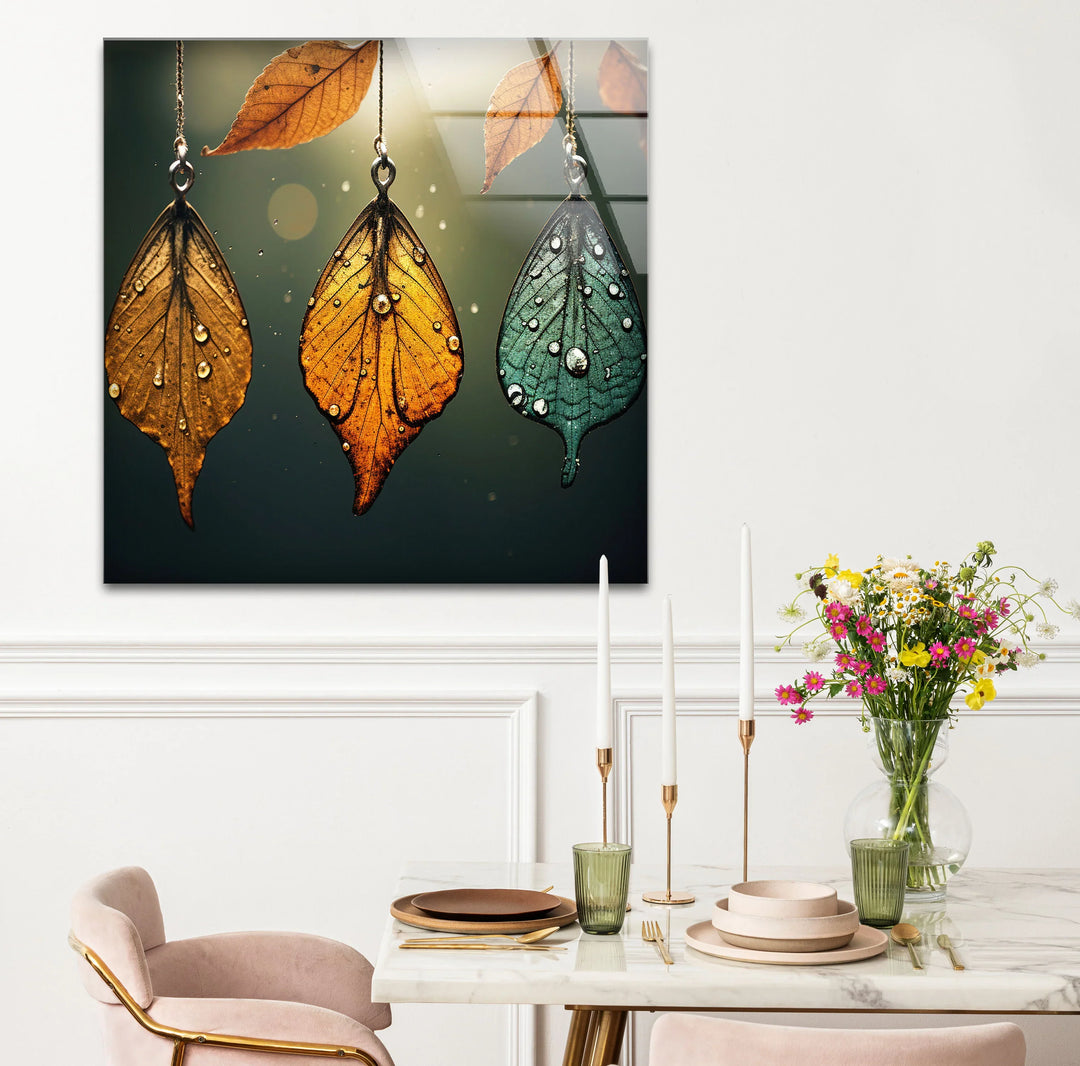 Autumn Dew Leaf Wall Art – Elegant Nature-Inspired Print with Golden & Teal Hues - MyPhotoStation