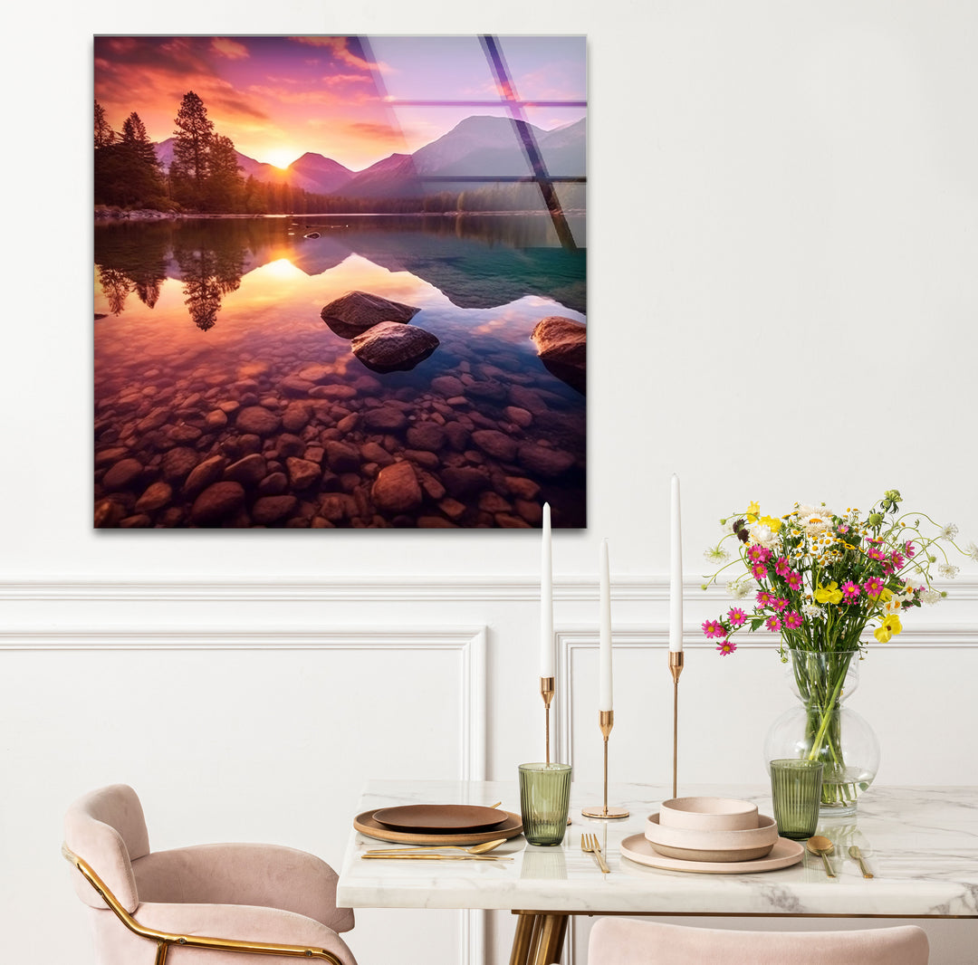 Bergsee Sonnenuntergang Wandkunst – Ruhige Natur Glas Landschaft Dekor