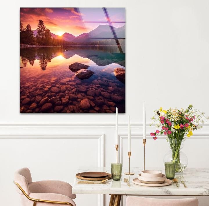 Bergsee Sonnenuntergang Wandkunst – Ruhige Natur Glas Landschaft Dekor