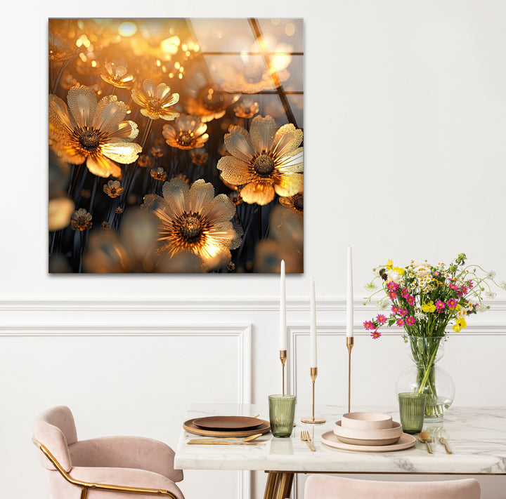 Goldene Gänseblümchenblüten-Wandkunst aus Glas – Strahlende florale Eleganz 