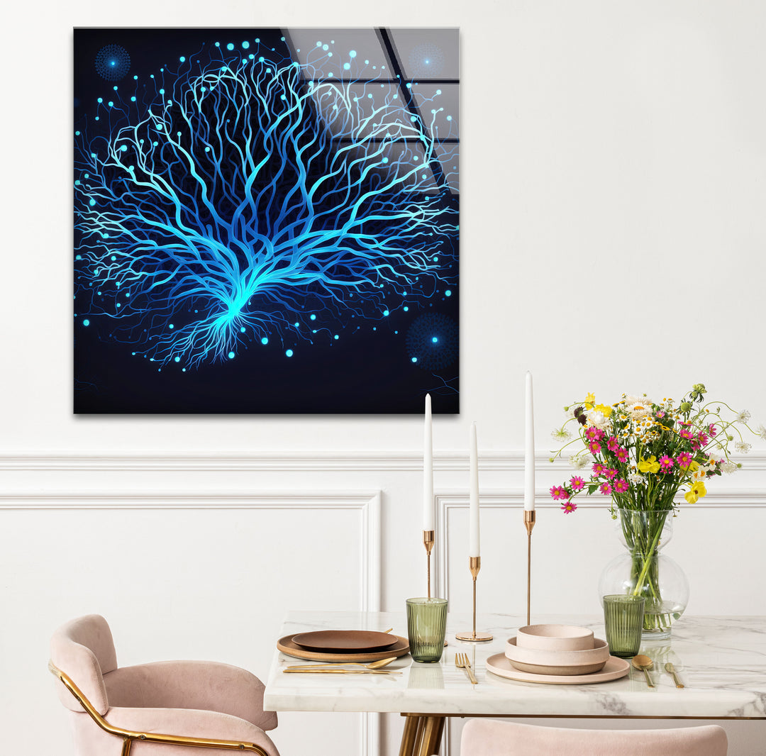 Neural Tree Wandkunst – Futuristischer blauer Nervenmuster-Glasdruck für elegante Innenräume