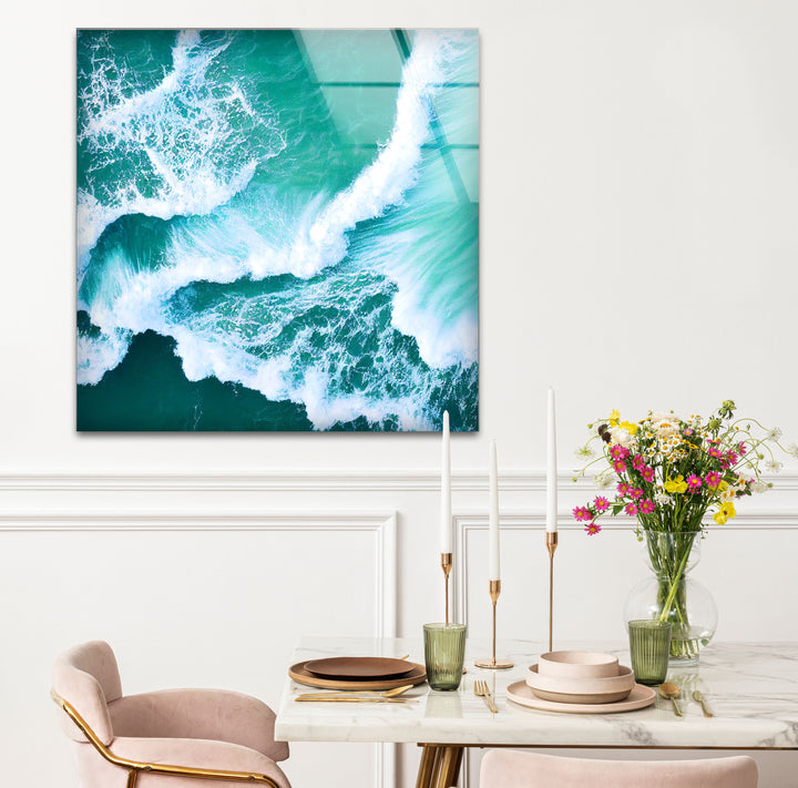 Ocean Wave Aerial Wall Art – Turquoise Sea Glass Print for Modern Decor