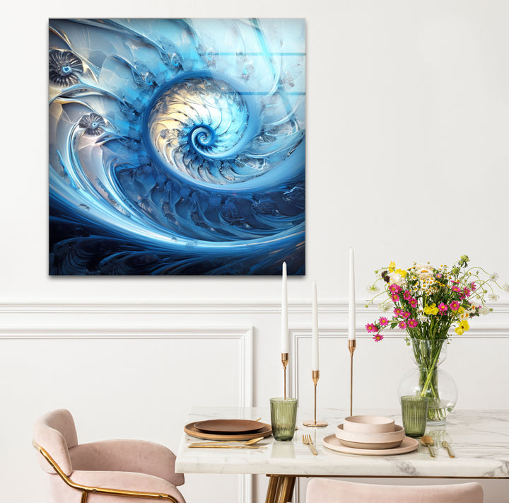 Blue Fractal Spiral Wall Art – Abstract Nautilus Glass Print for Modern Interiors