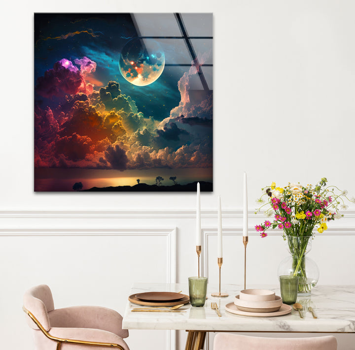Verträumte Mondaufgang-Wandkunst – Fantasy-Himmel und Wolken-Glasdruck