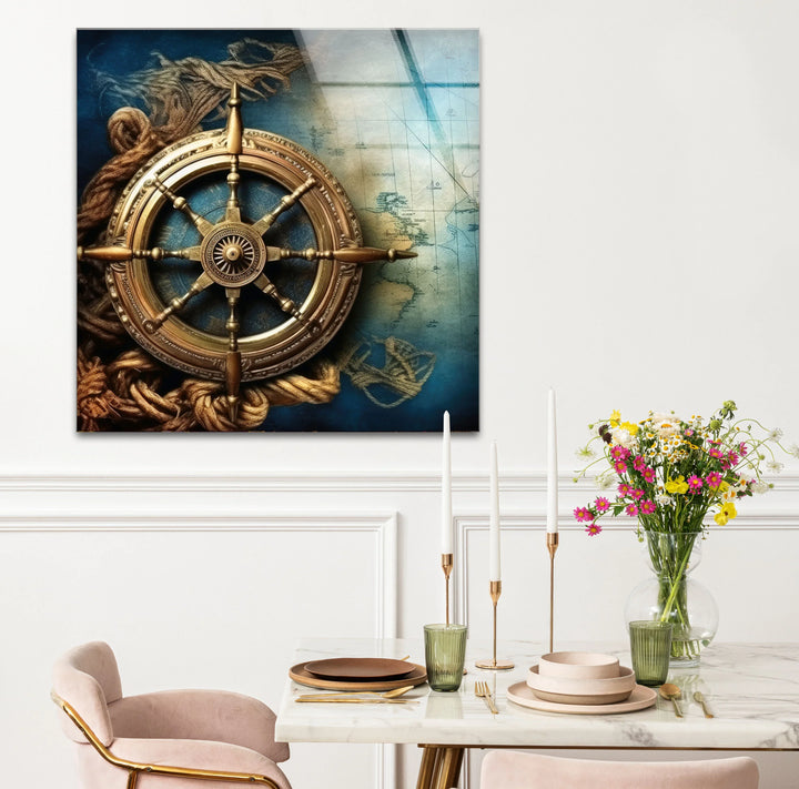 Nautical Compass Wall Art – Vintage Ocean Map Glass Print for Interior Elegance - MyPhotoStation