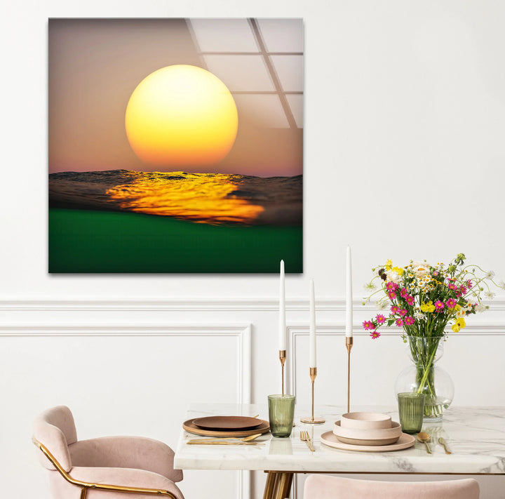 Golden Ocean Sunset Wall Art – Minimalist Sun over Water Glass Print for Modern Spaces - MyPhotoStation