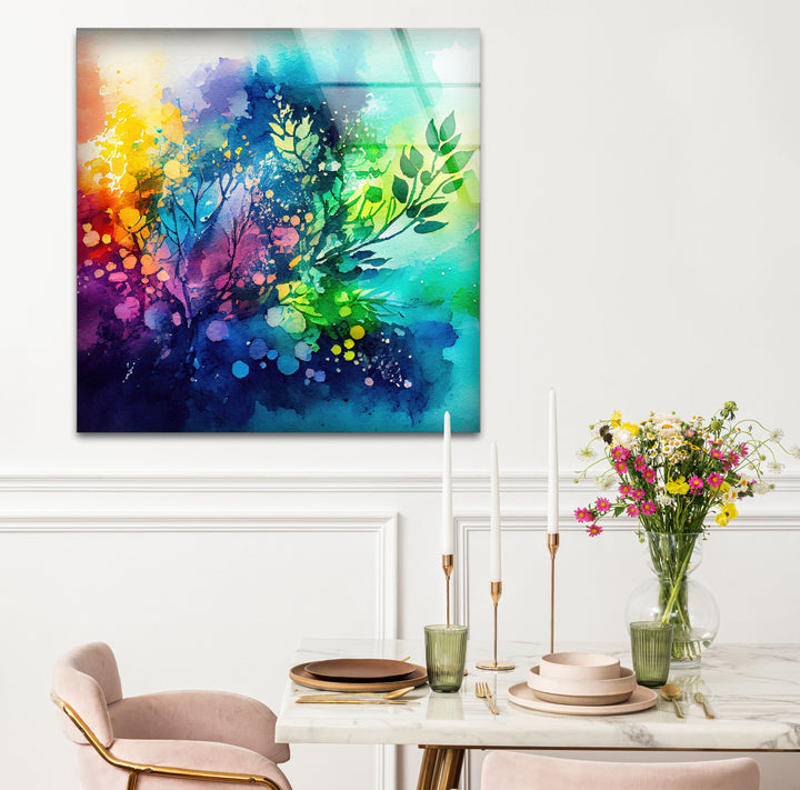 Vibrant Botanical Splash Wall Art – Colorful Nature-Inspired Glass Print for Creative Spaces