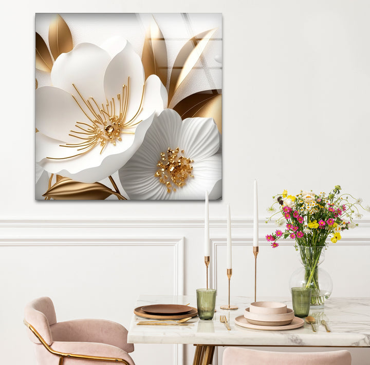 Elegant White and Gold Floral Wall Art – Luxury Botanical Glass Print for Sophisticated Decor