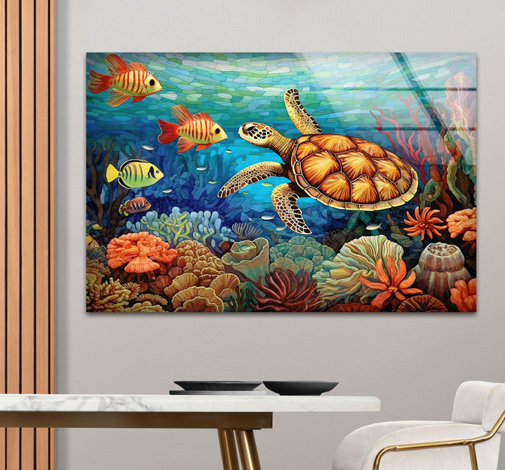 Sea Turtle & Fishes Underwater Glass Wall Art stained glass wall art, stained glass wall decor
