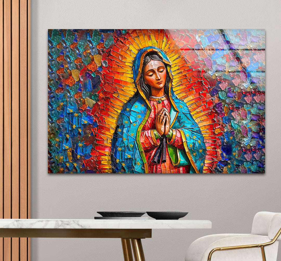 The best glass art of this religious mosaic exhibits radiant, lustrous pieces forming a vibrant portrayal of the Virgin Mary.
