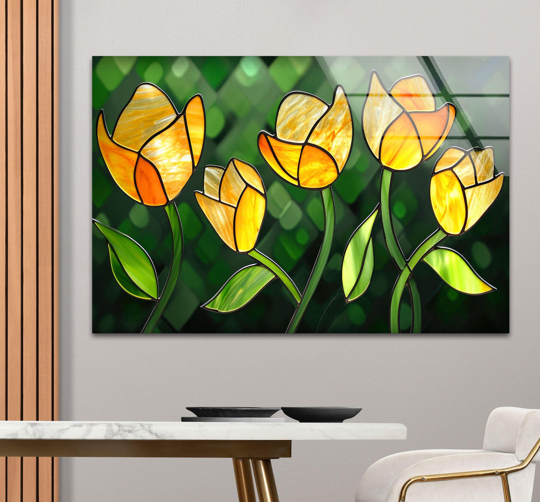 Yellow Flower Stained Glass Wall Art print on glass, glass printed photos
