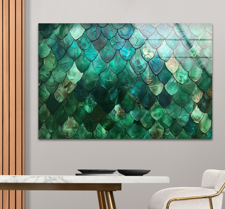 The cool color temperature of this emerald scale texture abstract green glass wall art provides a calming focal point for home decoration.