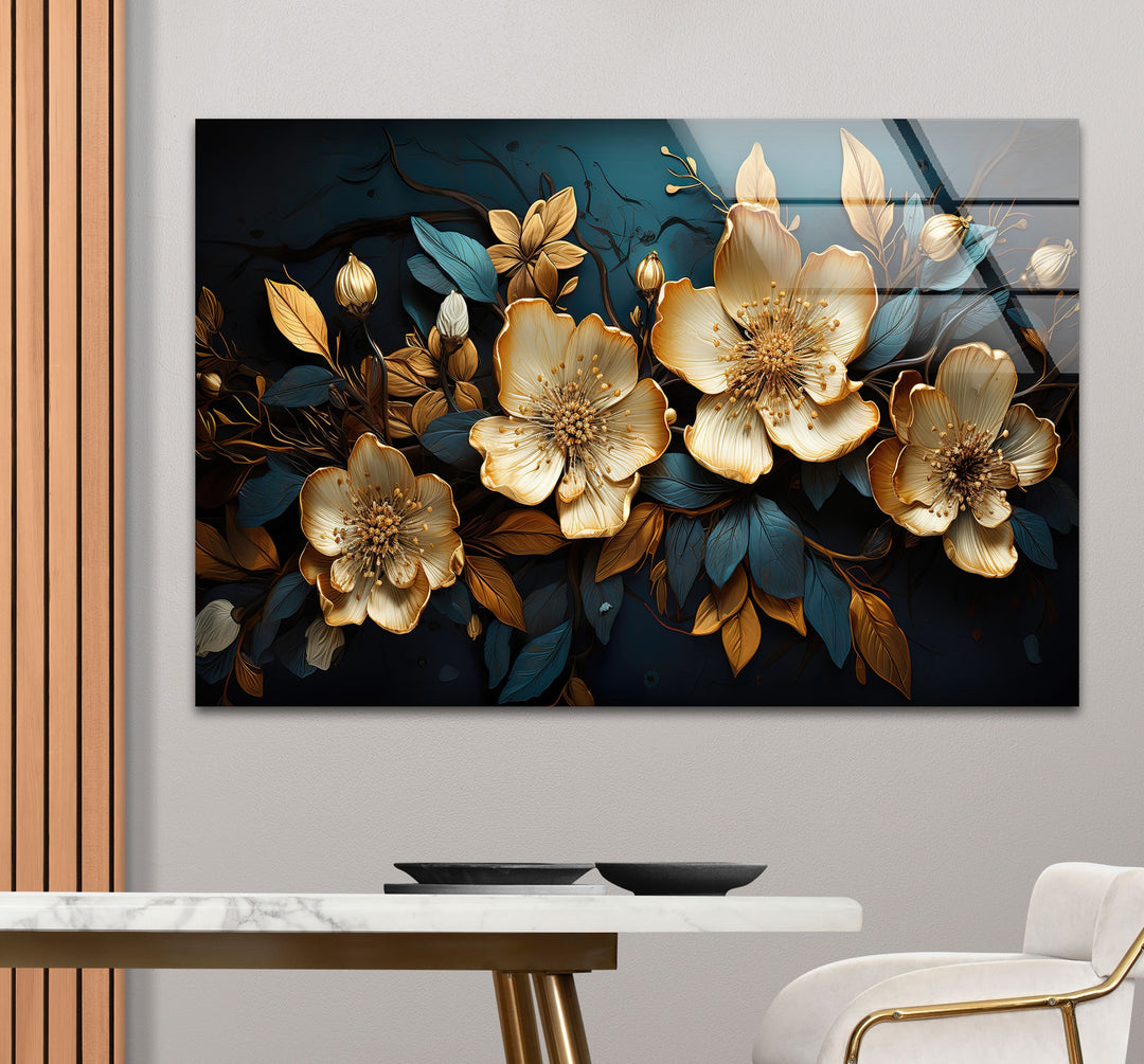 Gold & Blue Botanical Glass Wall Art photo print on glass, prints on glass wall art
