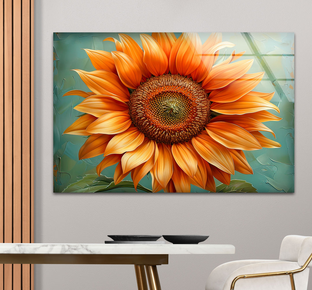 Oil Painting Orange Sunflower Glass Wall Art glass pictures for Wall, glass prints wall art
