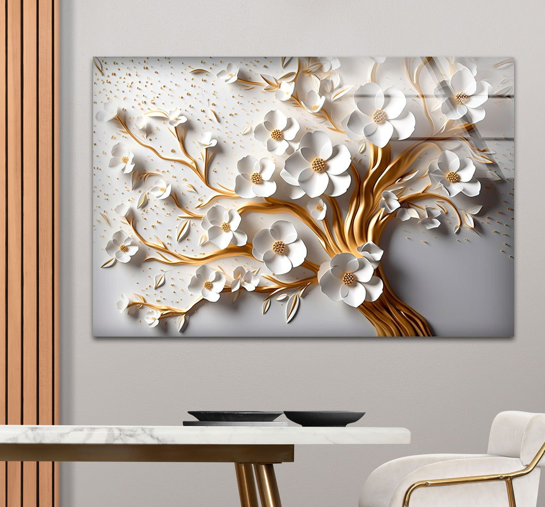 Gold and White Flower Tree Glass Wall Art picture on glass wall art, photos printed on glass
