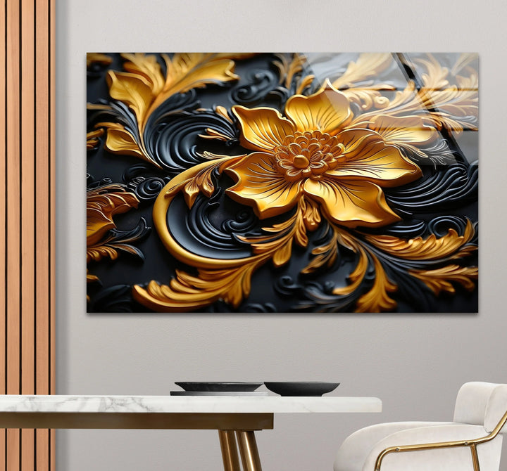 Botanical Gold & Black Flower Glass Wall Art print picture on glass, Tempered Glass Wall Art
