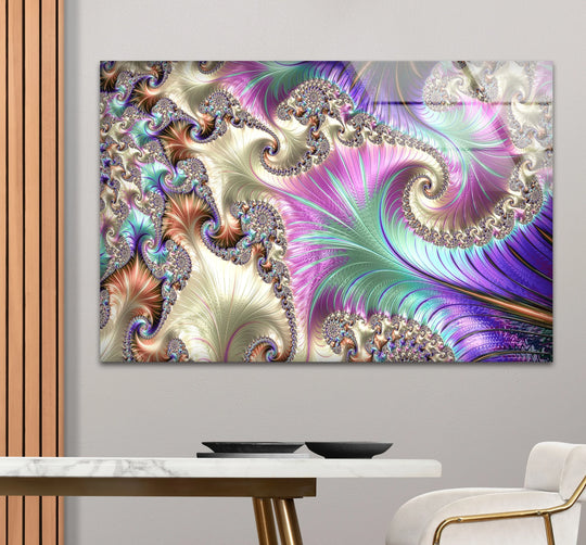 Intricate organic fractal forms swirl in vibrant pink, green, and purple hues on this decorative wall art.