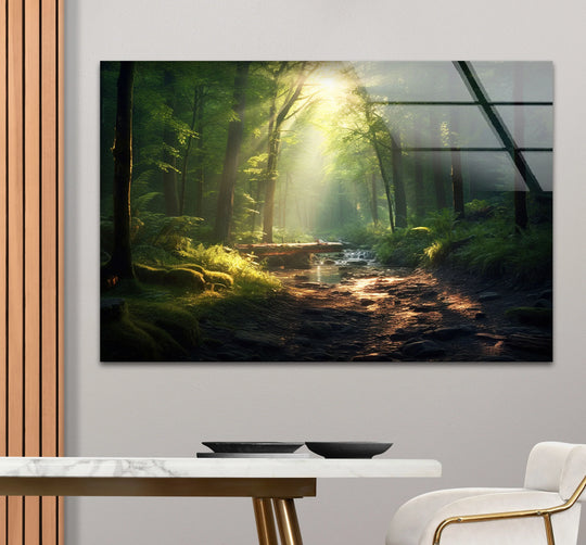 Smooth, frameless edges define this sunlit forest stream glass print, adding a touch of peaceful nature as home decoration to any modern space.