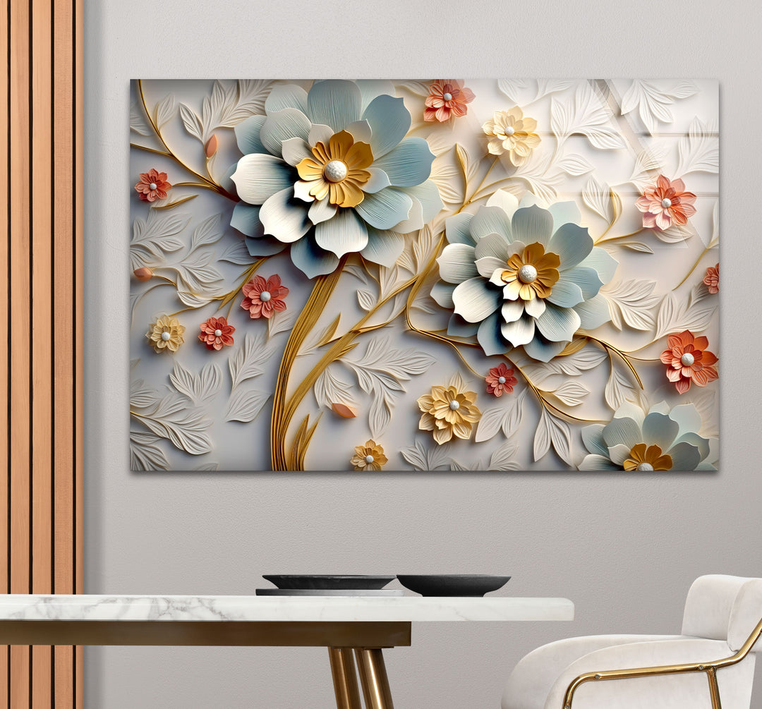 3D-Wandkunst mit blühenden Blumen – Eleganter Blumendruck aus geprägtem Glas 