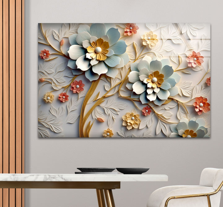 3D-Wandkunst mit blühenden Blumen – Eleganter Blumendruck aus geprägtem Glas 