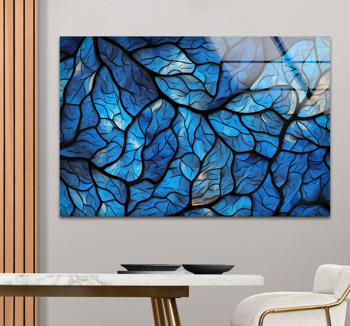 Blaues Blattmosaik-Wandbild – Abstrakter Naturglasdruck für modernes Dekor
