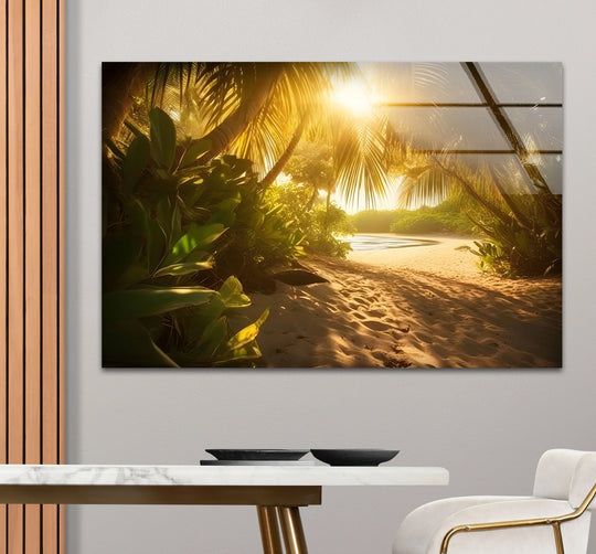 Featuring a tropical beach glass wall art piece, the intense color contrast highlights the bright sun against the lush greens, enhancing the home decoration.